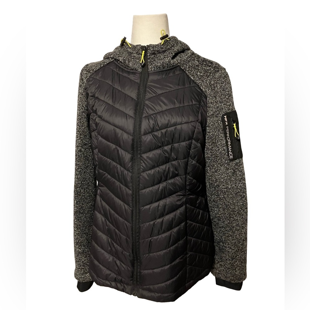 HFX Performance Hooded Jacket Women’s Black Gray White & Green Lining Size XL